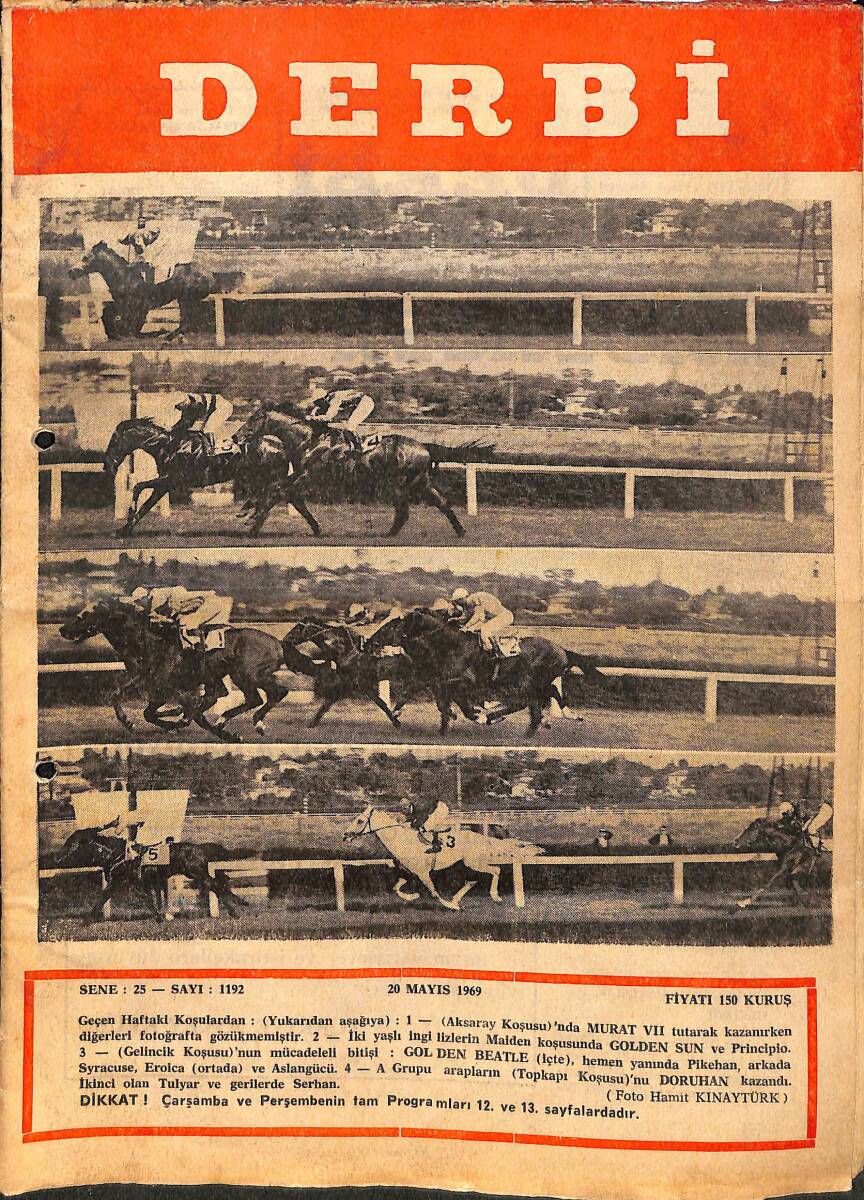 Derbi Dergisi Yarış Ve Spor Mecmuası 20 Mayıs 1969 Sayı 1192 - Samsun Koşusunu Felatun Kazandı NDR93238 - 1