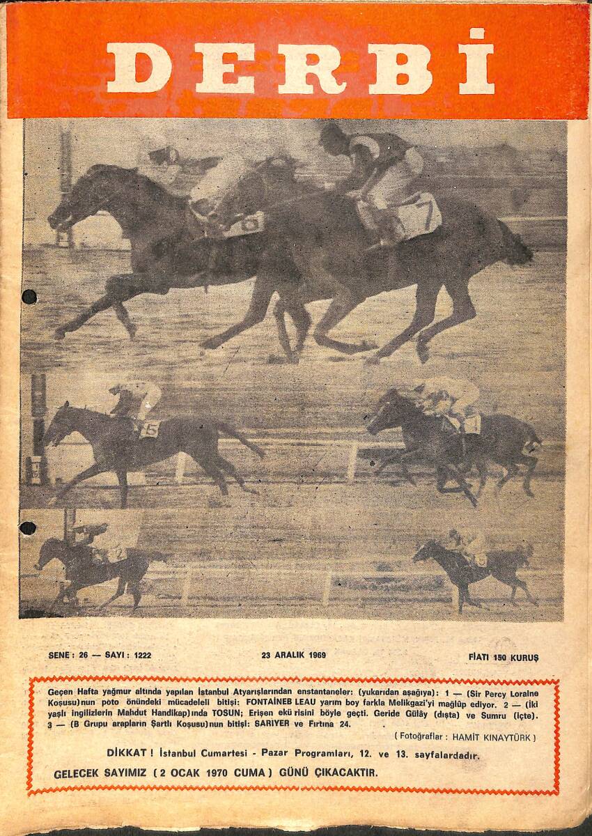 Derbi Dergisi Yarış Ve Spor Mecmuası 23 Aralık 1969 Sayı 1222 - Üç Yaşlı İngiliz Handikapını Hümeyra Kazandı NDR93221 - 1