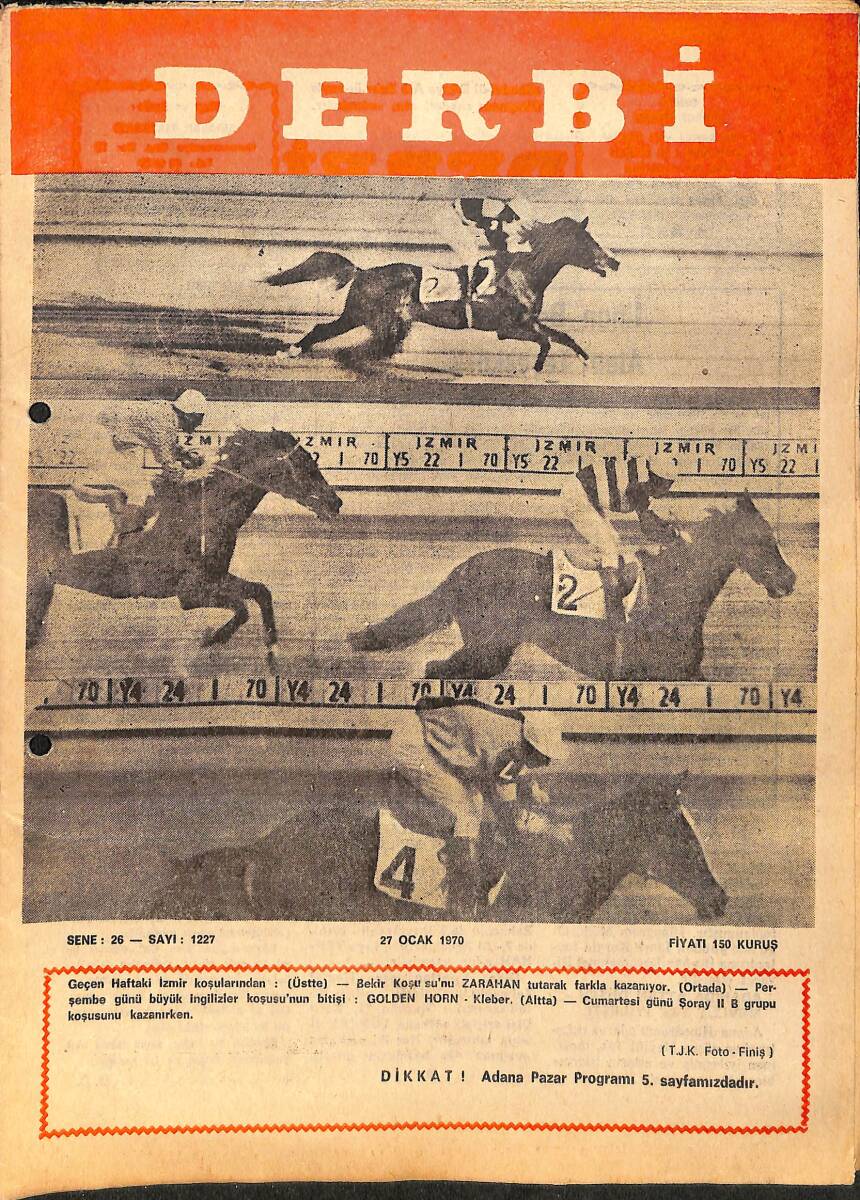 Derbi Dergisi Yarış Ve Spor Mecmuası 27 Ocak 1970 Sayı 1227 - Bekir Koşusunu Zarahan Kazandı NDR93216 - 1