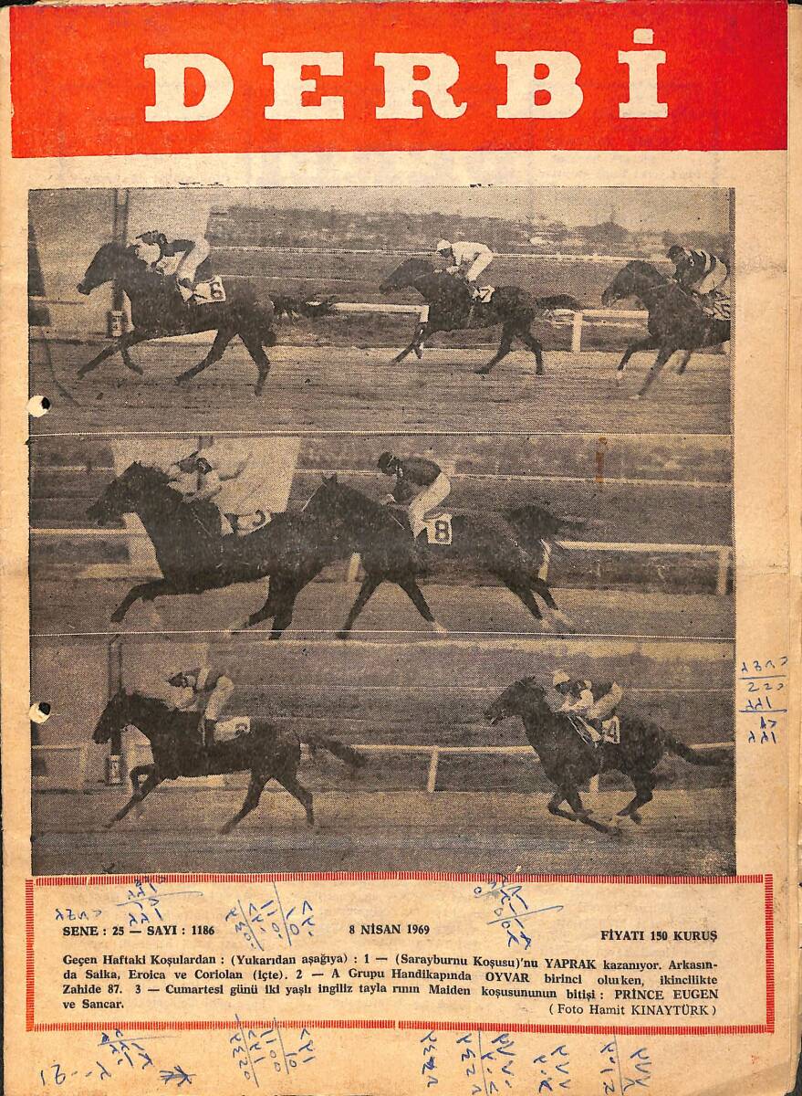 Derbi Dergisi Yarış Ve Spor Mecmuası 8 Nisan 1969 Sayı 1186 - Sarayburnu Koşusunu Yaprak Kazandı NDR93249 - 1