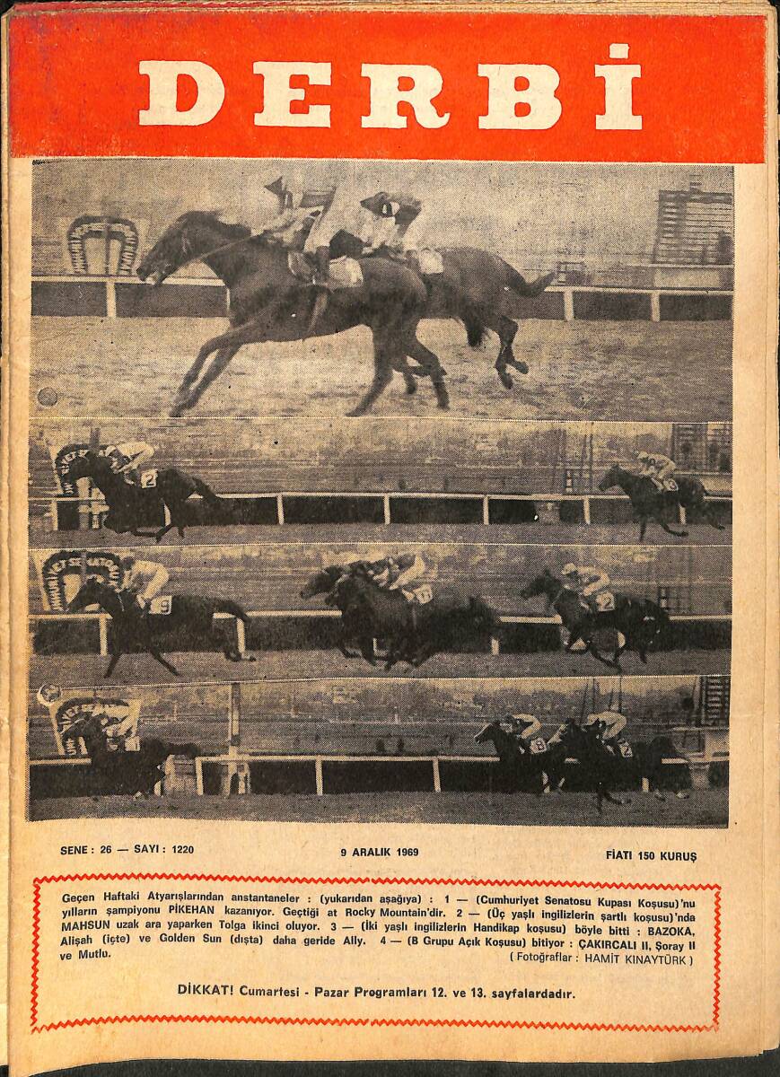 Derbi Dergisi Yarış Ve Spor Mecmuası 9 Aralık 1969 Sayı 1220 - İngiliz Handikapını Yardley Kazandı NDR93223 - 1