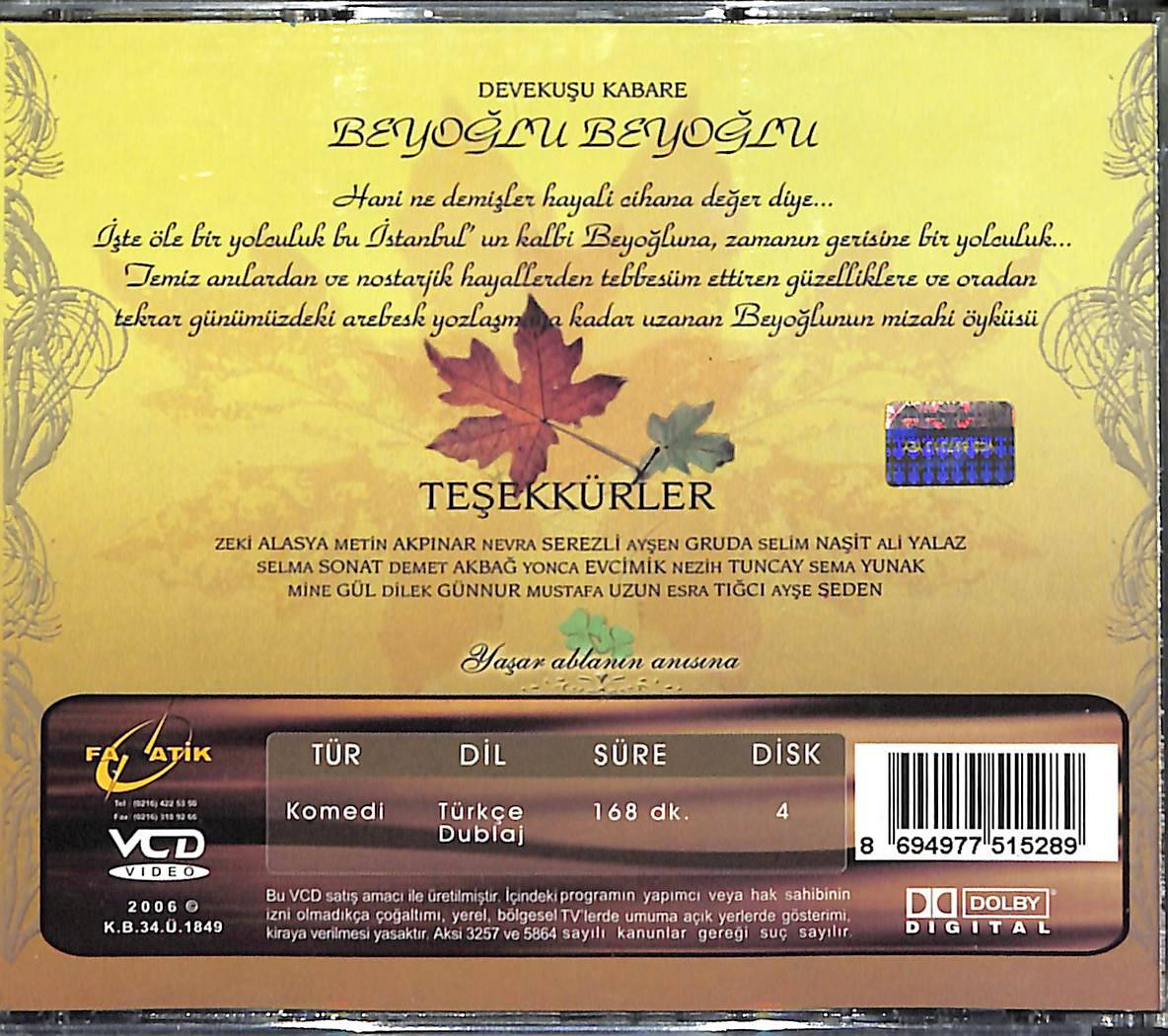 Devekuşu Kabare Beyoğlu Beyoğlu 4 Bölüm Bir Arada Orjinal VCD Film ' Zeki Alasya - Metin Akpınar ' VCD27938 - 2
