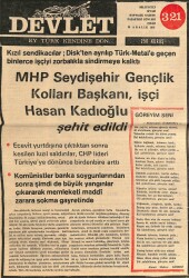 Devlet Haftalık Milliyetçi Siyasi Gazete Sayı321 29 Aralık 1975 MHP Seydişehir Gençlik Kolları Başkanı İşçi Hasan Kadıoğlu Şehit Edildi GZ69290 - 1