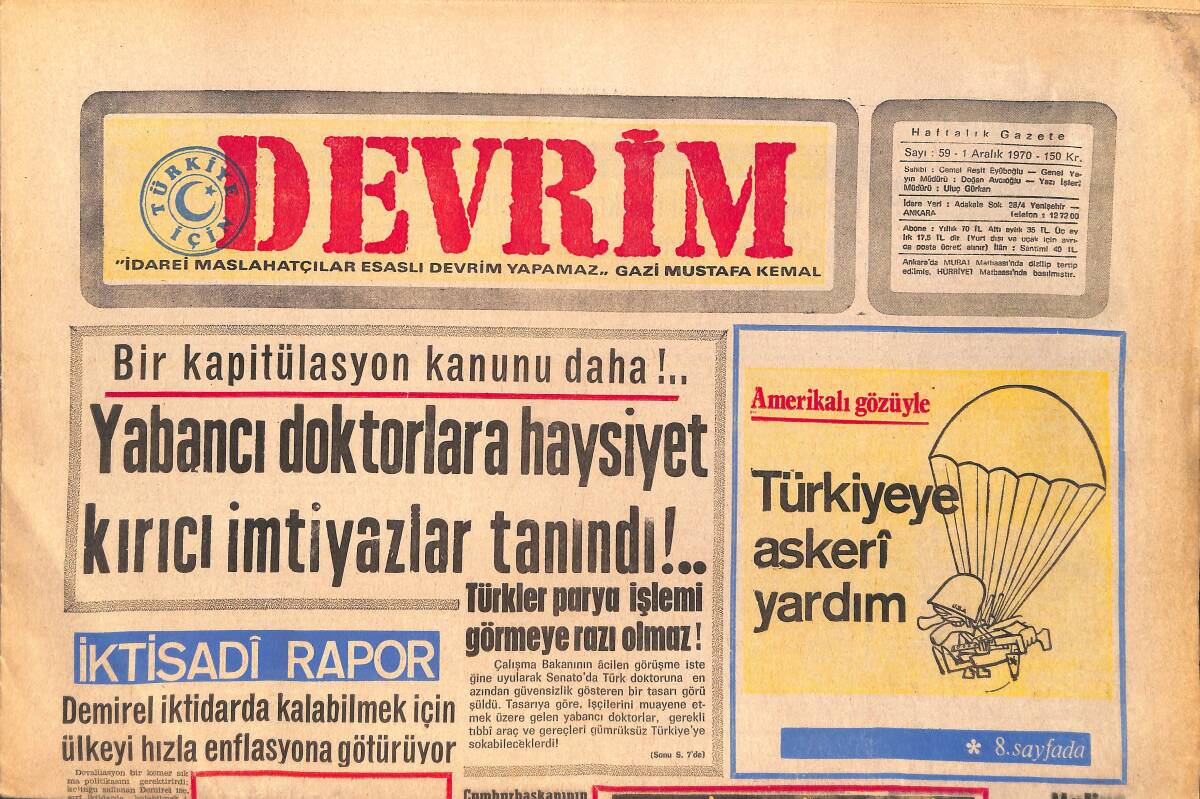 Devrim Gazetesi 1 Aralık 1970 - Yabancı Doktorlara Haysiyet Kırıcı İmtiyazlar Tanındı - Komprador Kapitalizminden Tablolar GZ157129 - 1