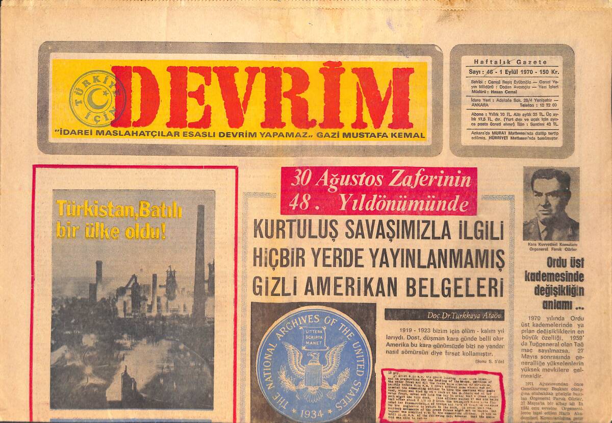 Devrim Gazetesi 1 Eylül 1970 - Türkistan Batılı Bir Ülke Oldu - Kolera Tehlikesi Var Mı GZ157154 - 1
