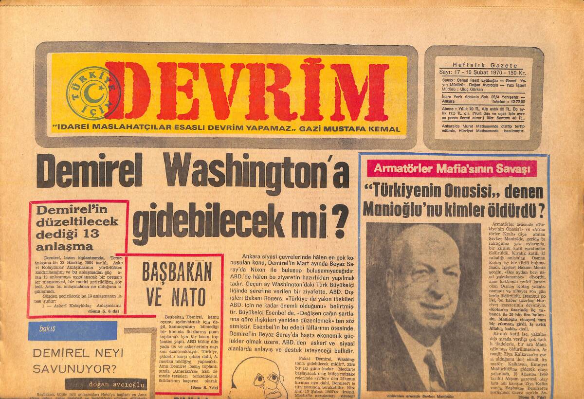 Devrim Gazetesi 10 Şubat 1970 - Demirel Washington'a Gidebilecek Mi - Demireller Milyarderlik Yolunda GZ157140 - 1
