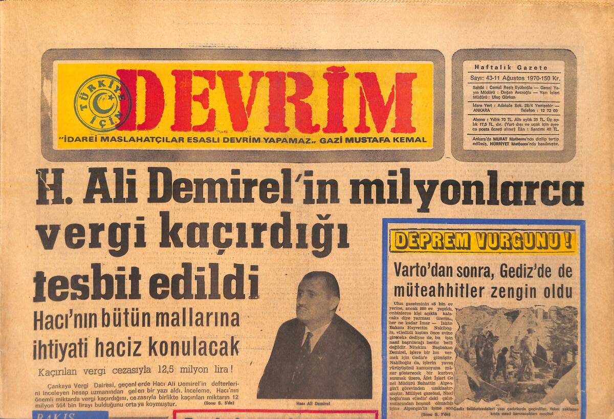 Devrim Gazetesi 11 Ağustos 1970 - Demirel'den Sonra Yaşar Tunagür De Temize Çıkarıldı - Eti Bank Uykuda Mı GZ157153 - 1