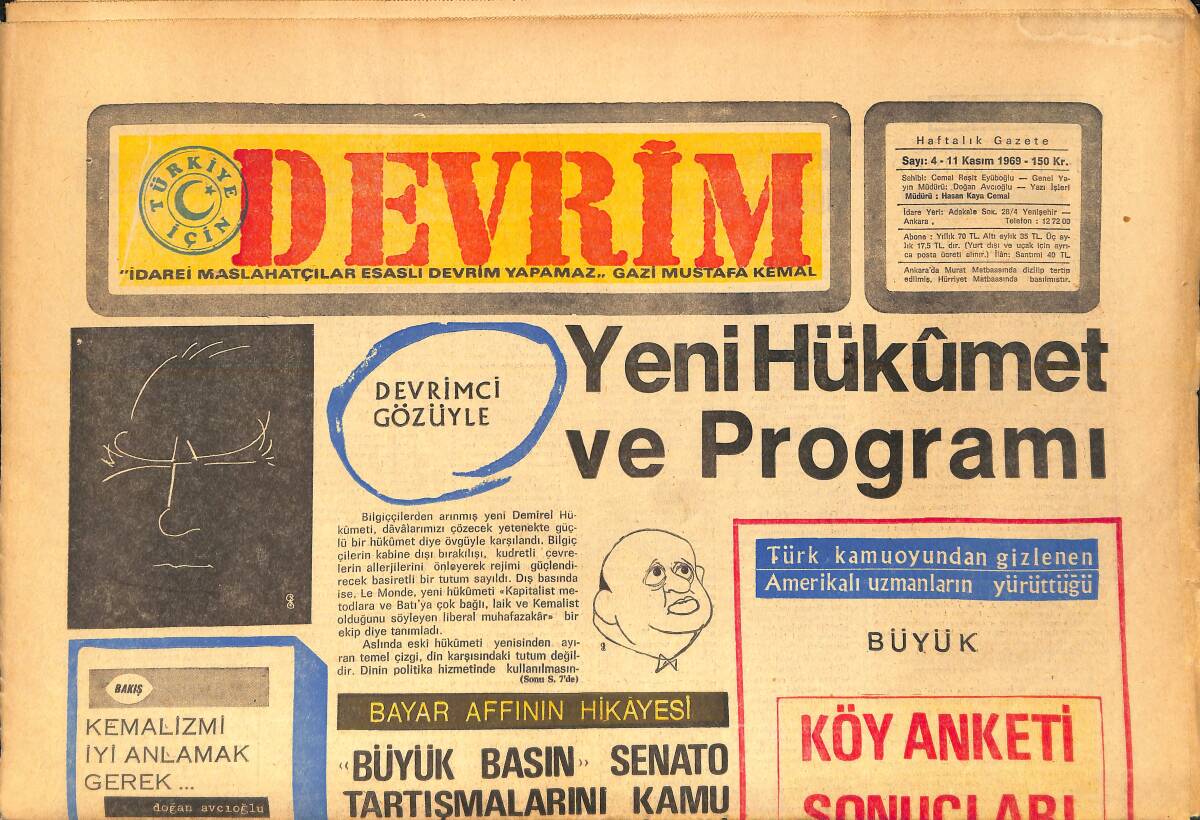 Devrim Gazetesi 11 Kasım 1969 - Yeni Hükümet Ve Programı - CHP'nin Gizli NATO Raporu GZ157120 - 1