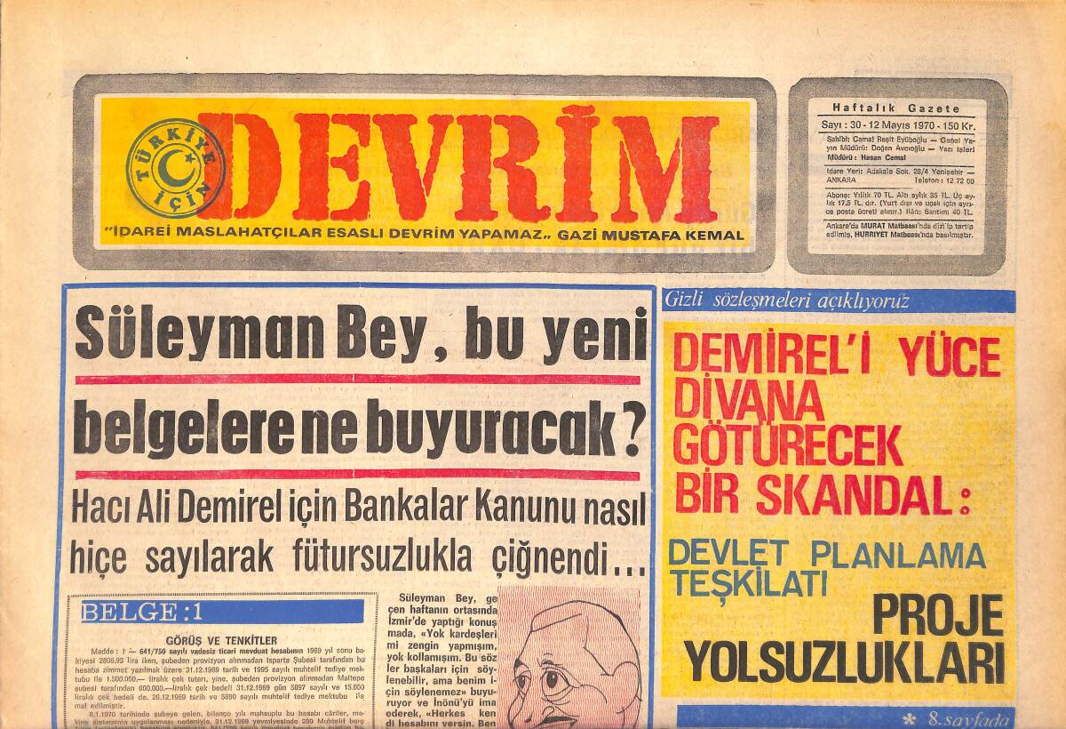 Devrim Gazetesi 12 Mayıs 1970 - Demirel'i Yüce Divana Götürecek Bir Skandal - Vehbi Koç'un Yeni Türk Lokumu GZ157169 - 1