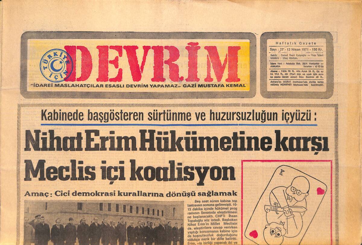 Devrim Gazetesi 13 Nisan 1971 - Nihat Erim Hükümetine Karşı Meclis İçi Koalisyon GZ157156 - 1