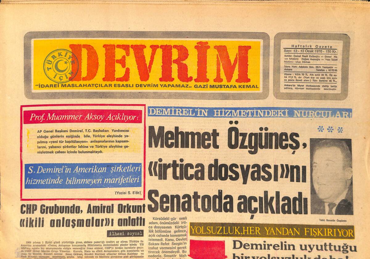 Devrim Gazetesi 13 Ocak 1970 - Demirel'in Hizmetindeki Nurcuları - Türkiye Nasıl Soyuluyor GZ157144 - 1