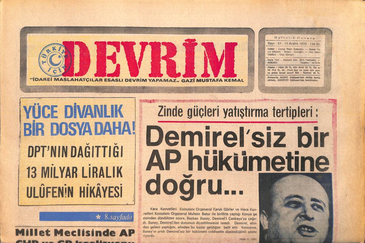 Devrim Gazetesi 15 Aralık 1970 - Demirel'siz Bir AP Hükümetine Doğru - Avcıoğlu'na Suikast GZ157131 - 1