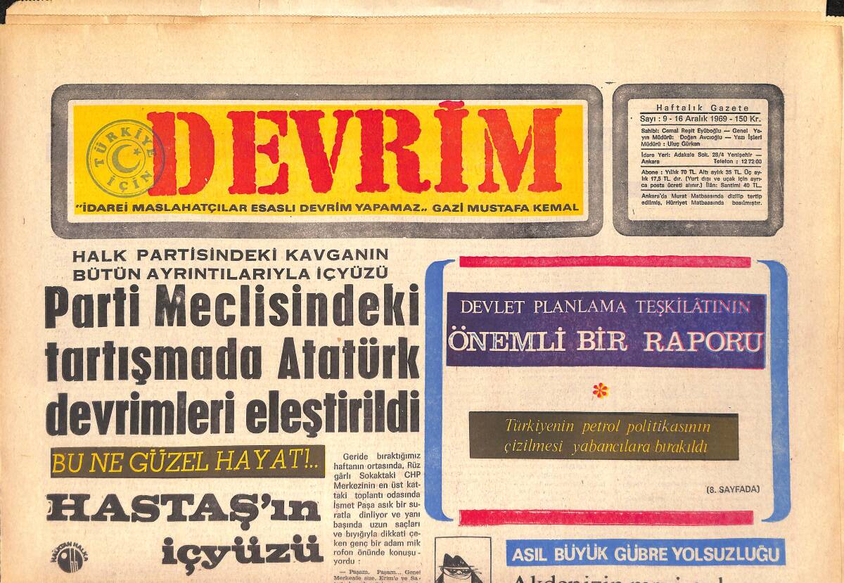 Devrim Gazetesi 16 Aralık 1969 - Nato Üyeleri Türkiye'de Baskı Yapıyor - Halk Partisindeki Kavganın Bütün Ayrıntılarıyla İçyüzü GZ157170 - 1