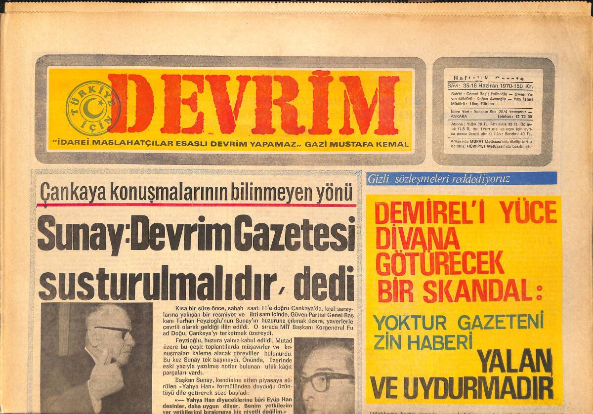 Devrim Gazetesi 16 Haziran 1970 - Sunay: Devrim Gazetesi Susturulmalıdır - Devrimci Ordu Gücü Bildirisi GZ157133 - 1