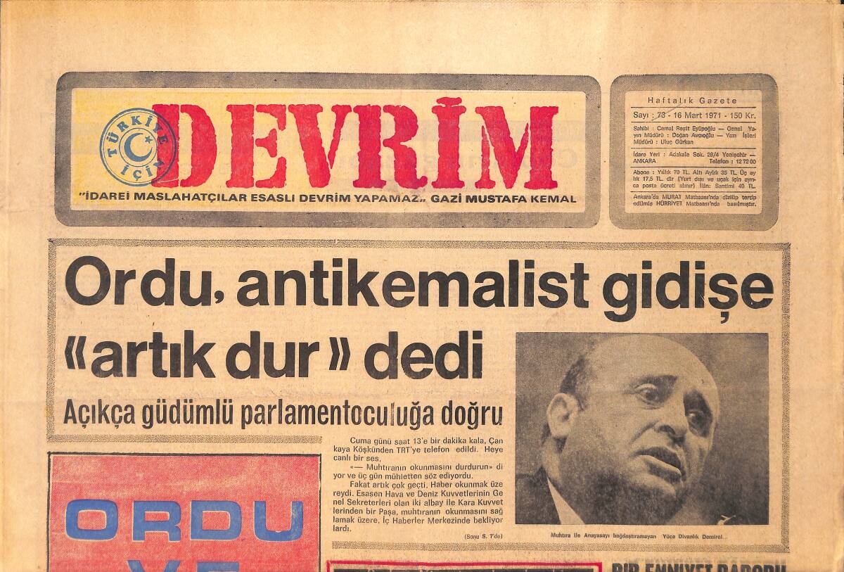 Devrim Gazetesi 16 Mart 1971 - Ordu Antikemalist Gidişe Artık Dur Dedi - Aşiret Reisi Bakan Cevheri Ve Babası GZ157157 - 1