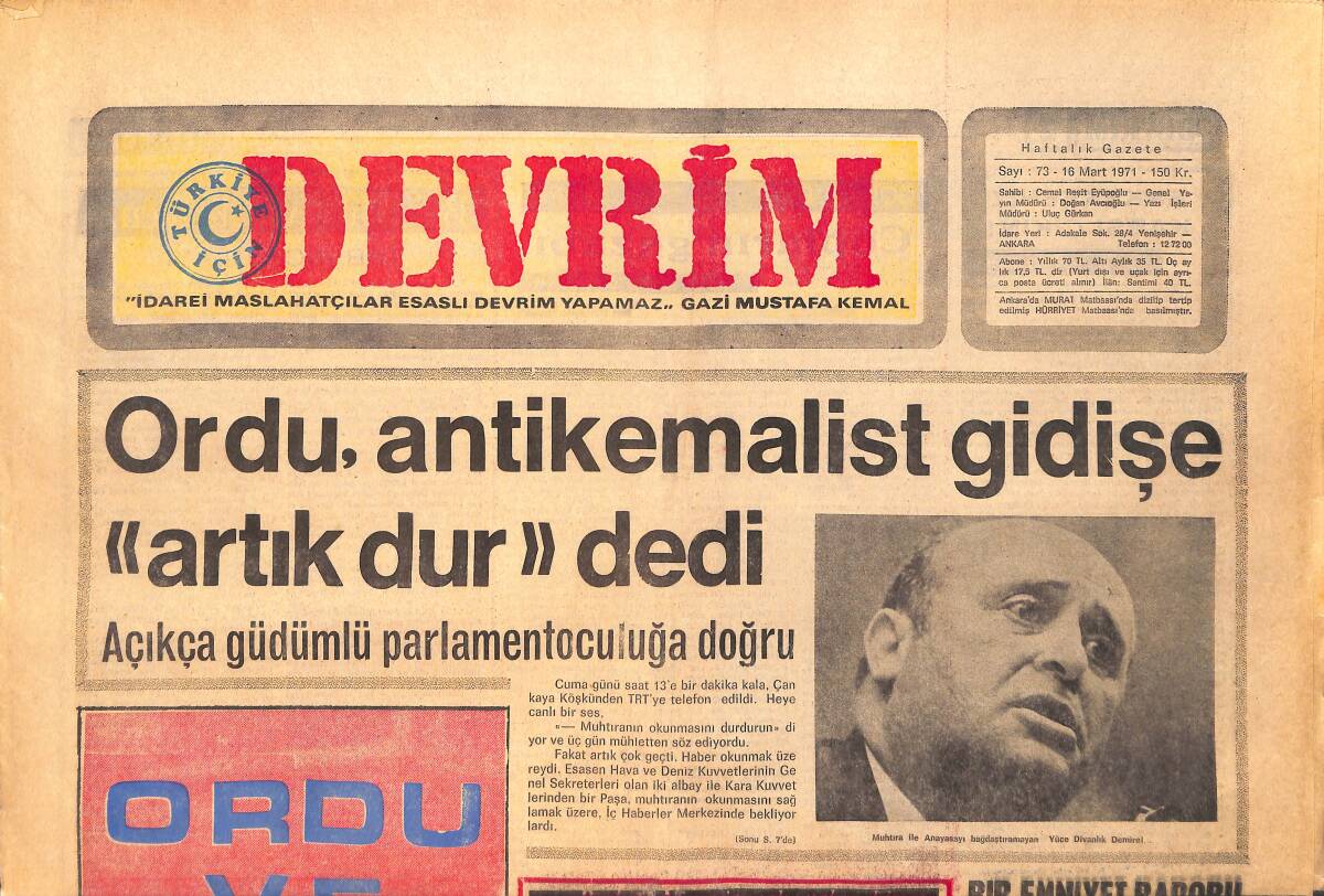 Devrim Gazetesi 16 Mart 1971 - Ordu Antikemalist Gidişe Artık Dur Dedi - Aşiret Reisi Bakan Cevheri Ve Babası GZ157163 - 1