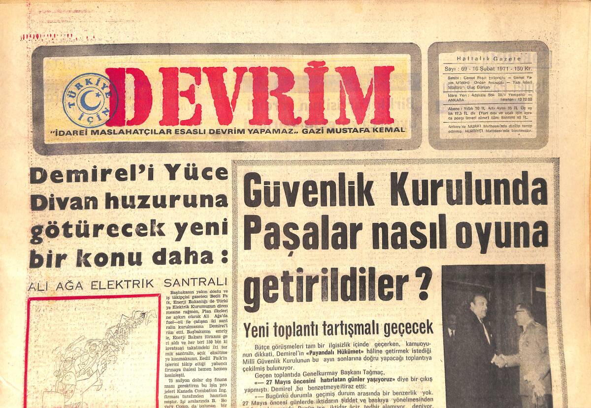 Devrim Gazetesi 16 Şubat 1971 - Demirel'i Yüce Divan Huzuruna Götürecek Yeni Bir Konu Daha: Ali Ağa Elektrik Santrali GZ157165 - 1