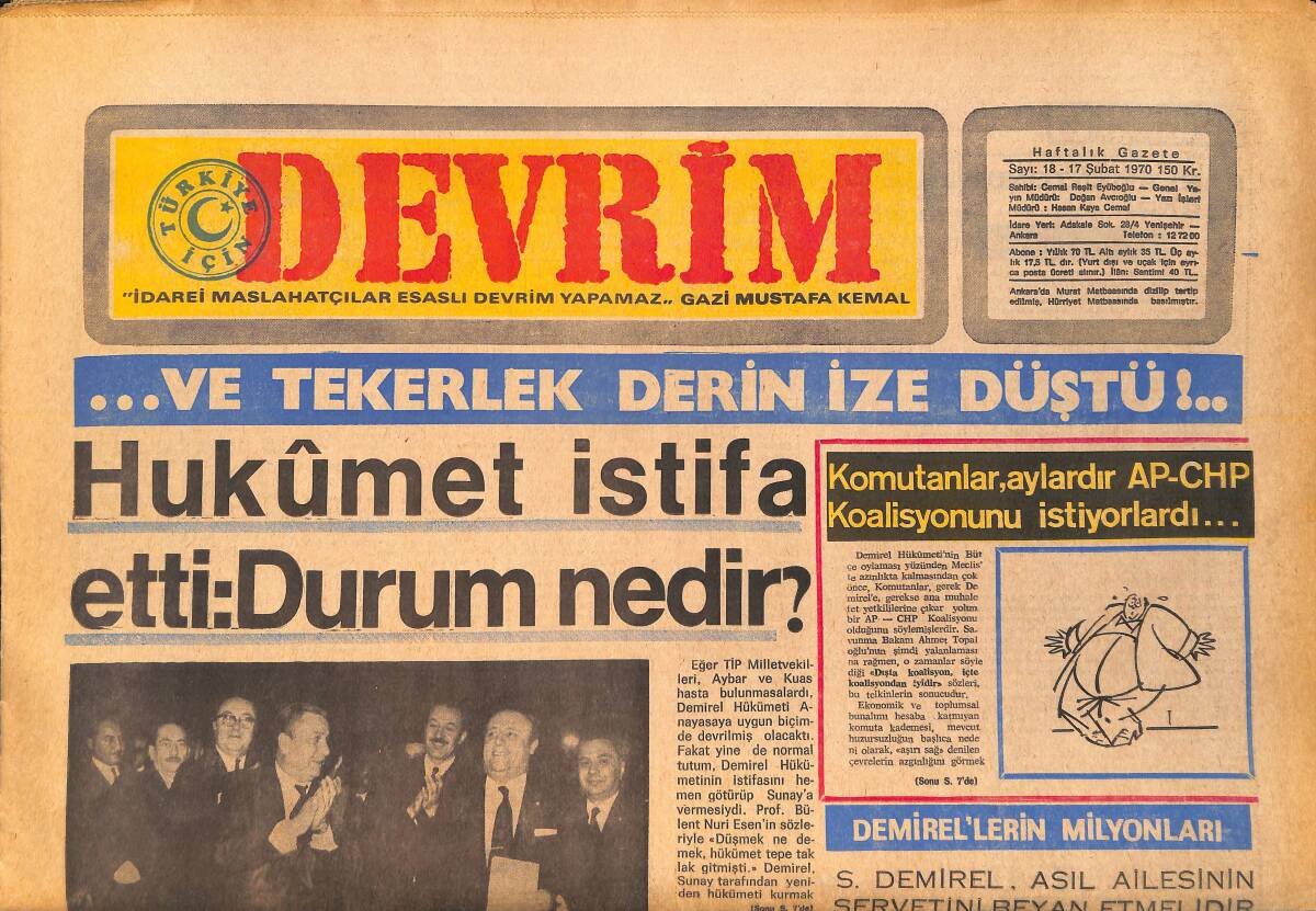 Devrim Gazetesi 17 Şubat 1970 - Hükümet İstifa Etti - Demirel Orta Doğu Üniversitesini De Rektörsüz Bıraktı GZ157139 - 1