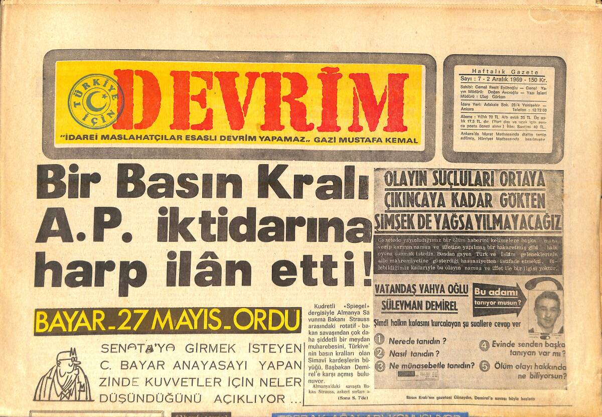 Devrim Gazetesi 2 Aralık 1969 - Bir Basın Kralı AP İktidarına Harp İlan Etti - Barış Gönüllülerinin Teknik Yardımı GZ157118 - 1