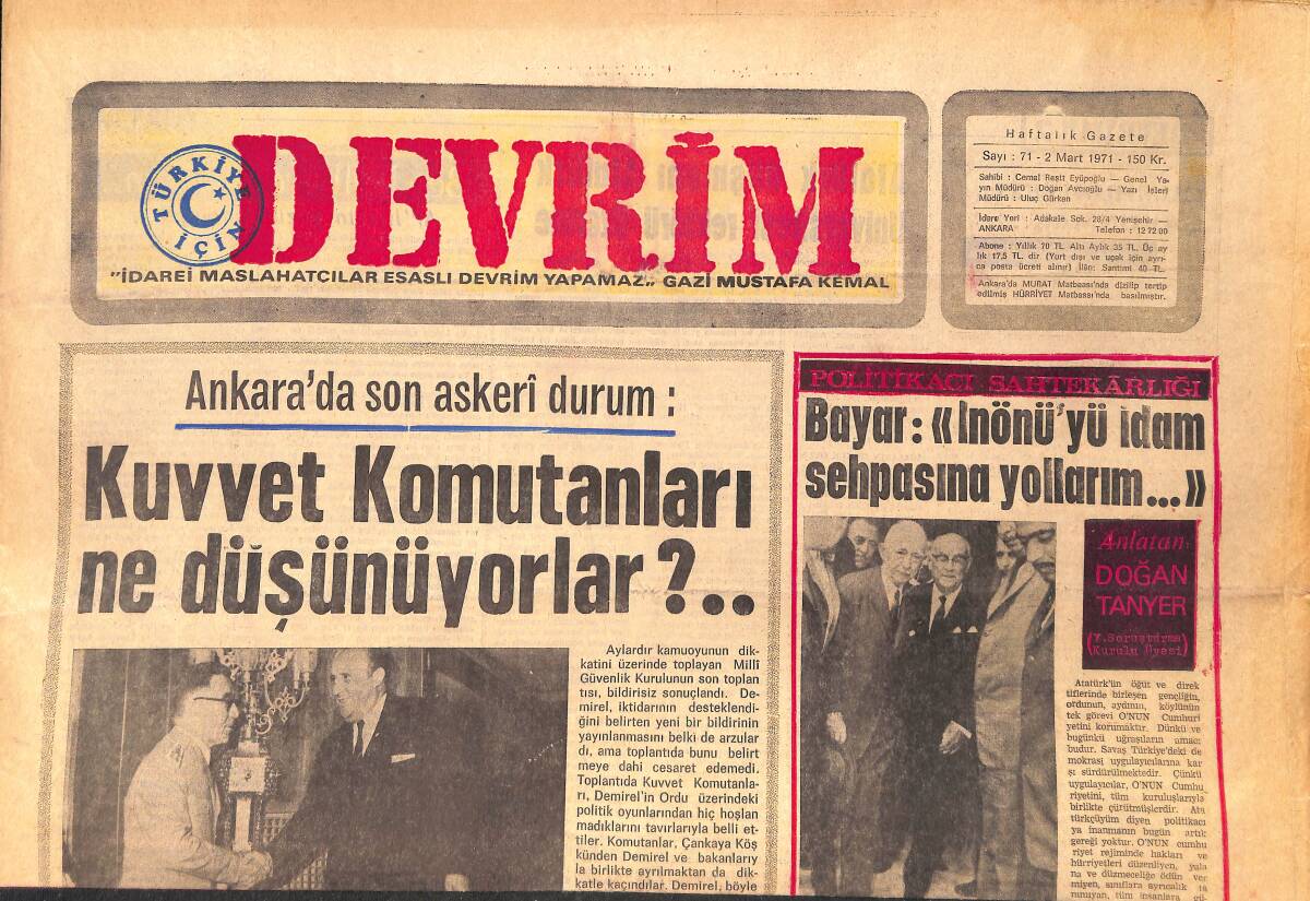 Devrim Gazetesi 2 Mart 1971 - Ankara'da Son Askeri Durum: Kuvvet Komutanları Ne Düşünüyorlar GZ157166 - 1