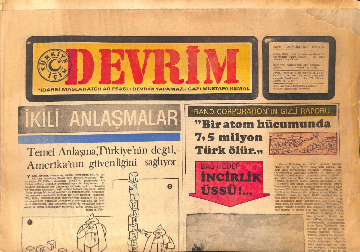 Devrim Gazetesi 21 Ekim 1969 - Rand Corporation'ın Gizli Raporu: Bir Atom Hücumunda 7.5 Milyon Türk Ölür GZ157122 - 1