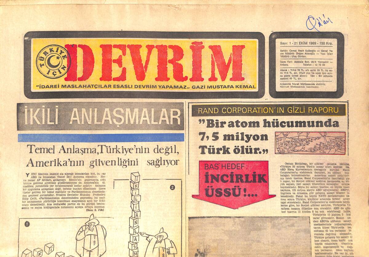 Devrim Gazetesi 21 Ekim 1969 - Rand Corporation'ın Gizli Raporu: Bir Atom Hücumunda 7.5 Milyon Türk Ölür GZ157158 - 1