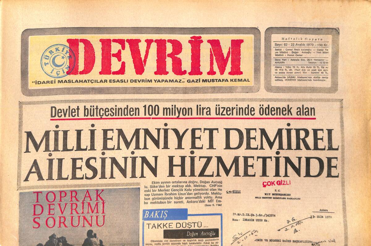 Devrim Gazetesi 22 Aralık 1969 - Milli Emniyet Demirel Ailesinin Hizmetinde - Amerikalı Gözüyle Sovyet Askeri Gücü GZ157123 - 1
