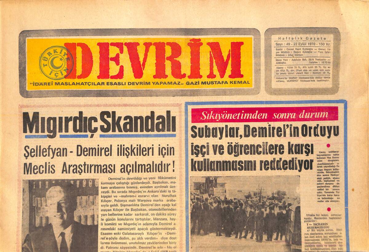 Devrim Gazetesi 22 Eylül 1970 - Mıgırdıç Skandalı - Türkiye'nin Buğday İhracı Yasaklanıyor GZ157151 - 1