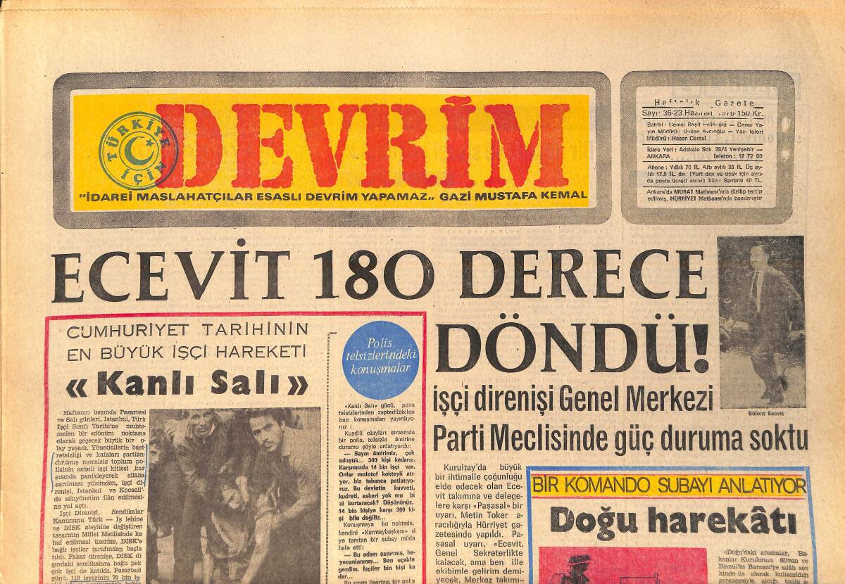 Devrim Gazetesi 23 Haziran 1970 - Ecevit 180 Derece Döndü - Türkiye'de İşçi Hareketleri Yaygınlaşıyor GZ157134 - 1