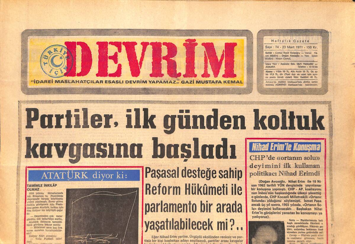 Devrim Gazetesi 23 Mart 1971 - Partiler İlk Günden Koltuk Kavgasına Başladı - Köyde Politika: Sandıktan Neden Yine Demirel Çıkacak GZ157162 - 1