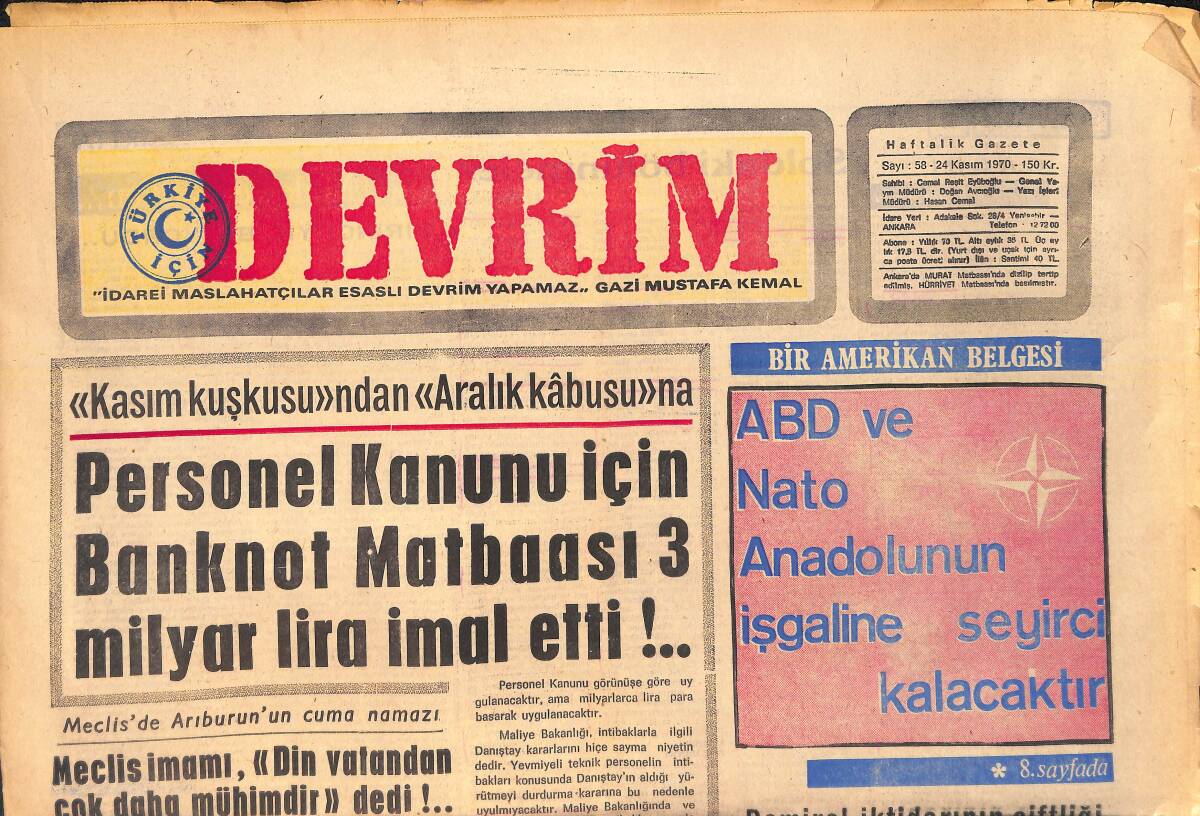 Devrim Gazetesi 24 Kasım 1970 - ABD Ve NATO Anadolu'nun İşgaline Seyirci Kalacaktır - Kore Savaşında Türkler GZ157147 - 1