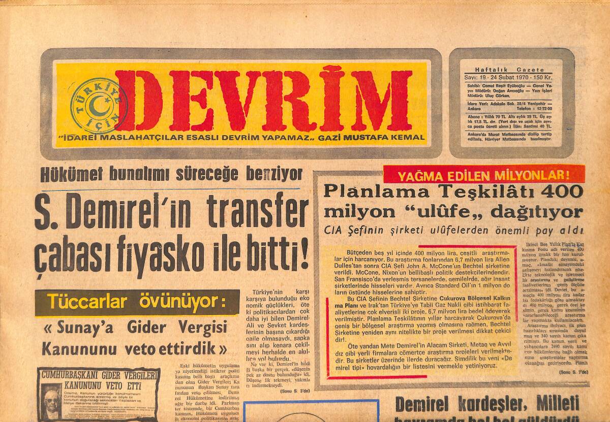 Devrim Gazetesi 24 Şubat 1970 - S. Demirel'in Transfer Çabası Fiyasko İle Bitti - Orta Doğu Mütevelli Heyeti Yumuşadı GZ157138 - 1