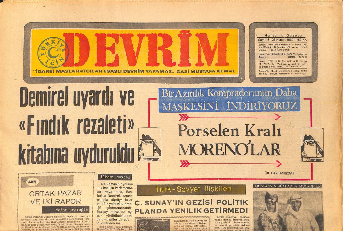 Devrim Gazetesi 25 Kasım 1969 - Demirel Uyardı Ve Fındık Rezaleti Kitabına Uyduruldu - Porselen Kralı Morenolar GZ157119 - 1