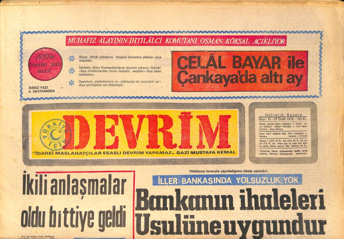 Devrim Gazetesi 27 Ocak 1971 - İller Bankasında Yolsuzluk Yok - Celal Bayar İle Çankaya'da Altı Ay GZ157143 - 1