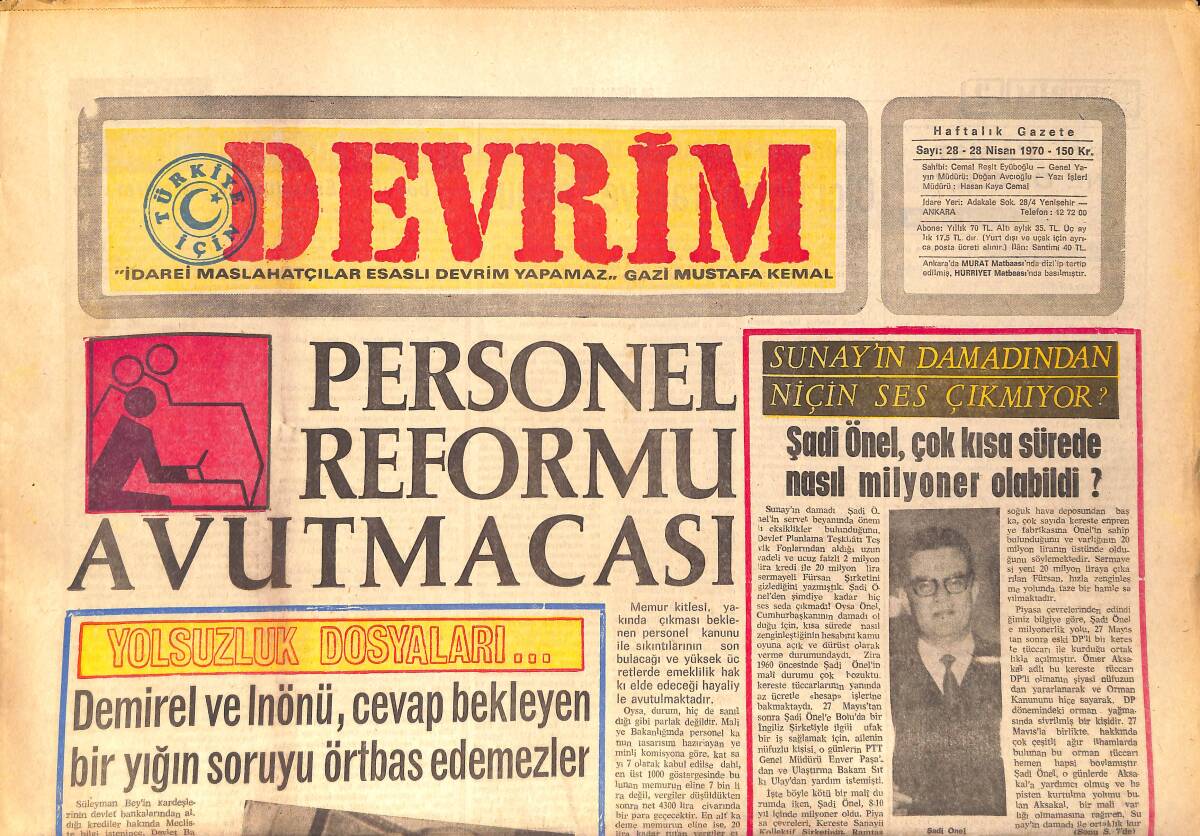 Devrim Gazetesi 28 Nisan 1970 - Personel Reformu Avutmacası - Sunay'ın Damadından Niçin Ses Çıkmıyor GZ157167 - 1