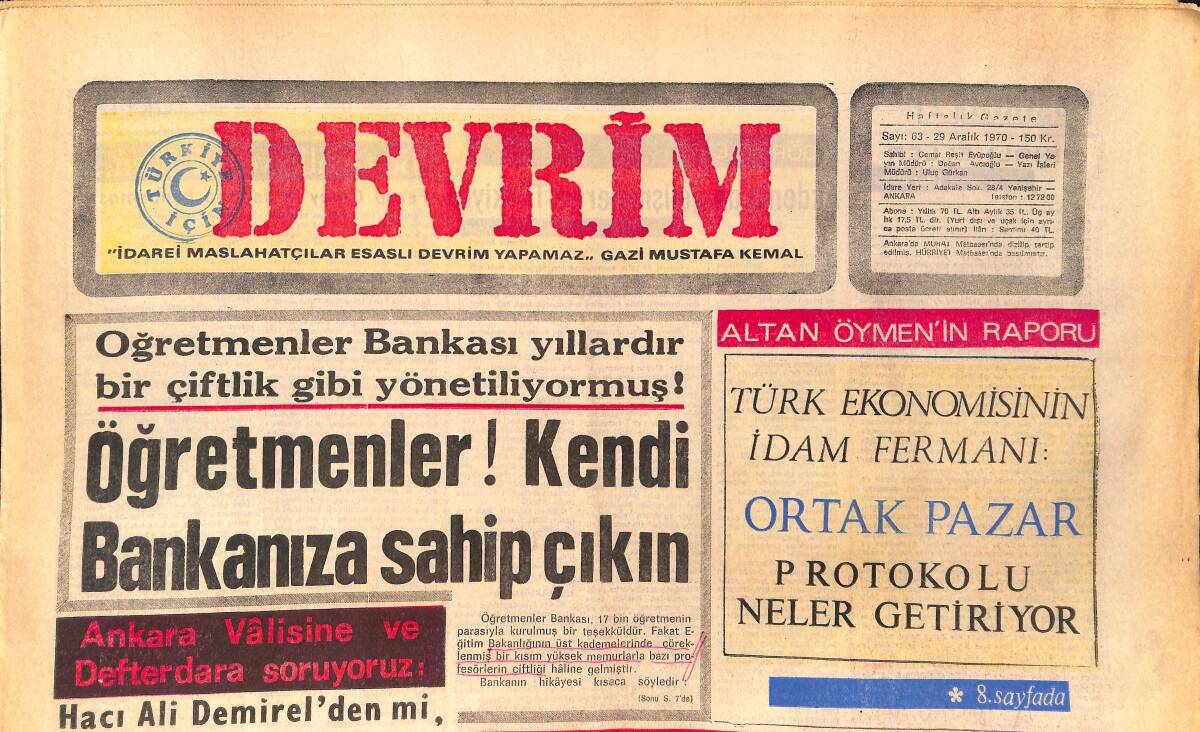 Devrim Gazetesi 29 Aralık 1970 - NATO Genel Sekreteri: Türkiye Savaşta Kaybedilebilir - Öğretmenler Bankası Bir Çiftlik Gibi GZ157124 - 1