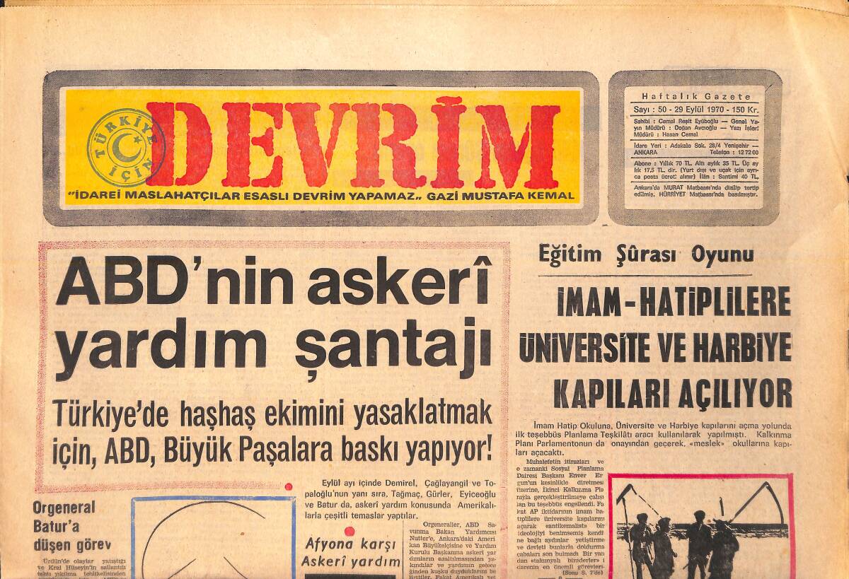 Devrim Gazetesi 29 Eylül 1970 - ABD'nin Askeri Yardım Şantajı - İmam-Hatiplilere Üniversite Ve Harbiye Kapıları Açılıyor GZ157150 - 1