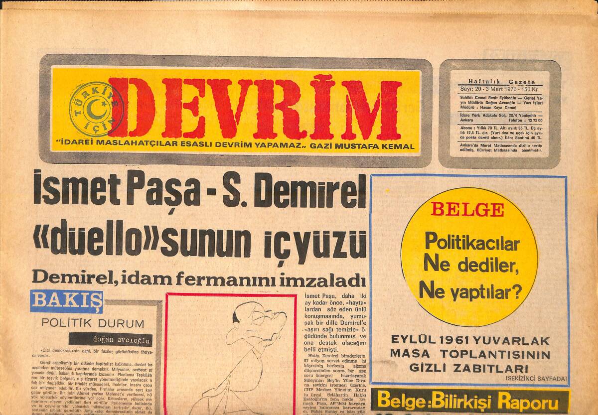 Devrim Gazetesi 3 Mart 1970 - İsmet Paşa-S. Demirel Düellosunun İç Yüzü - Siyonistlerin Türkiye'deki Son Oyunları GZ157137 - 1