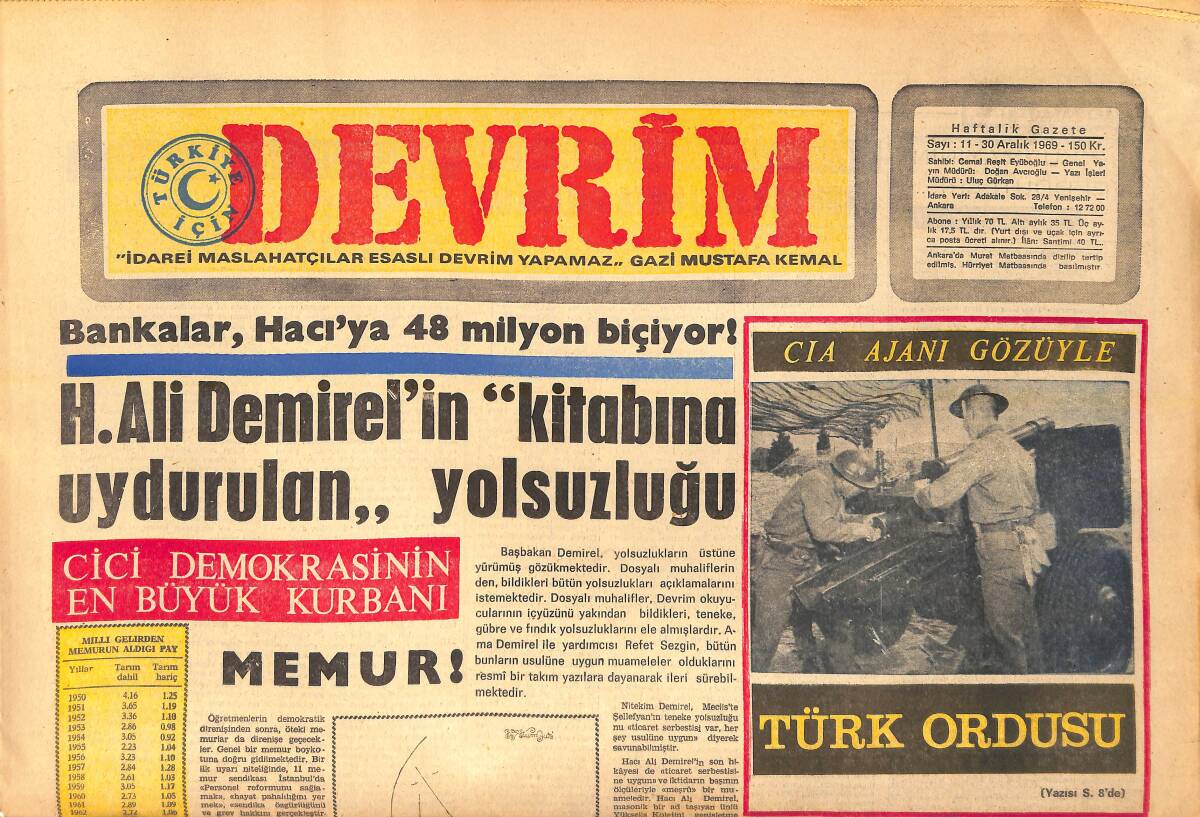 Devrim Gazetesi 30 Aralık 1969 - CIA Ajanı Gözüyle Türk Ordusu - Aksoy'un Ecevit'e Cevabı GZ157146 - 1