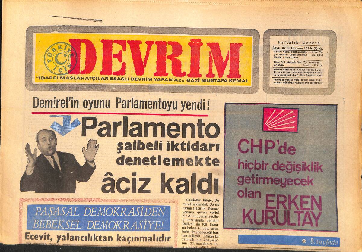 Devrim Gazetesi 30 Haziran 1970 - Demirel'in Oyunu Parlamentoyu Yendi - Kürt Sorunu GZ157135 - 1