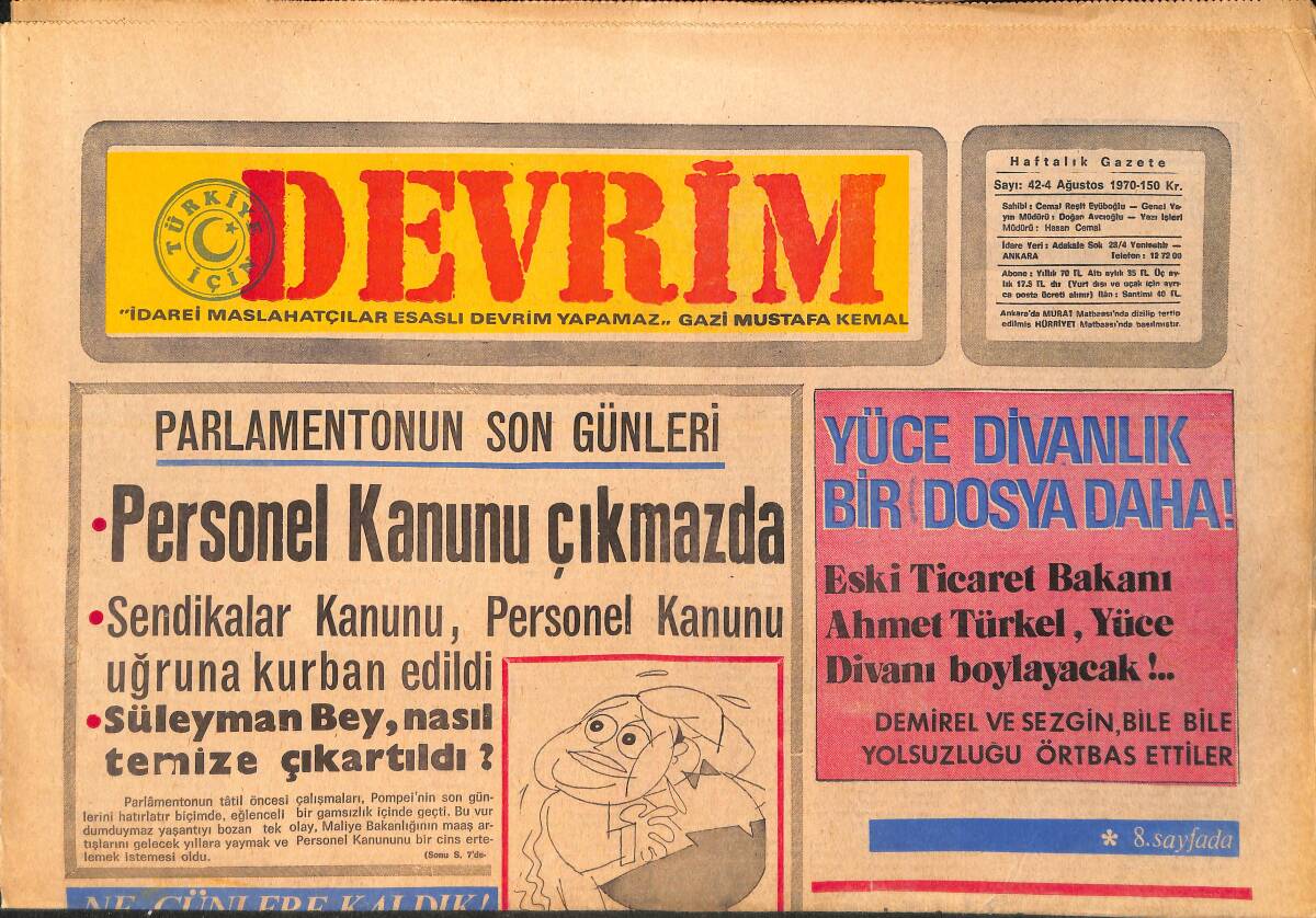 Devrim Gazetesi 4 Ağustos 1970 - Parlamentonun Son Günleri: Personel Kanunu Çıkmazda - Eczacıbaşı-Unileveler Salçaları GZ157128 - 1