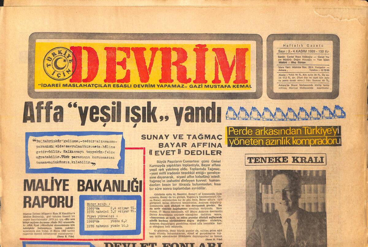 Devrim Gazetesi 4 Kasım 1969 - Sunay Ve Tağmaç Bayar Affına Evet Dediler - Maliye Bakanlığı Raporu GZ157121 - 1