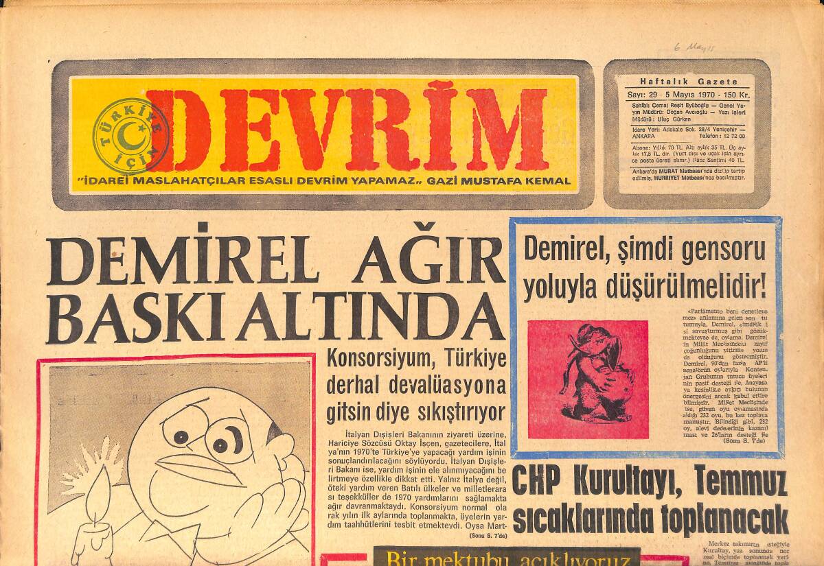 Devrim Gazetesi 5 Mayıs 1970 - Demirel Ağır Baskı Altında - Zeytinyağı Skandalı Davası GZ157168 - 1