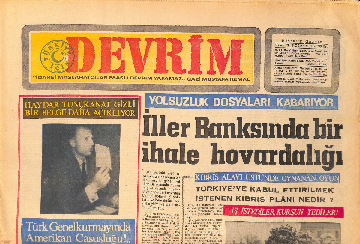 Devrim Gazetesi 6 Ocak 1970 - İller Bankasında Bir İhale Hovardalığı - Türk Genelkurmayında Amerikan Casusluğu GZ157145 - 1
