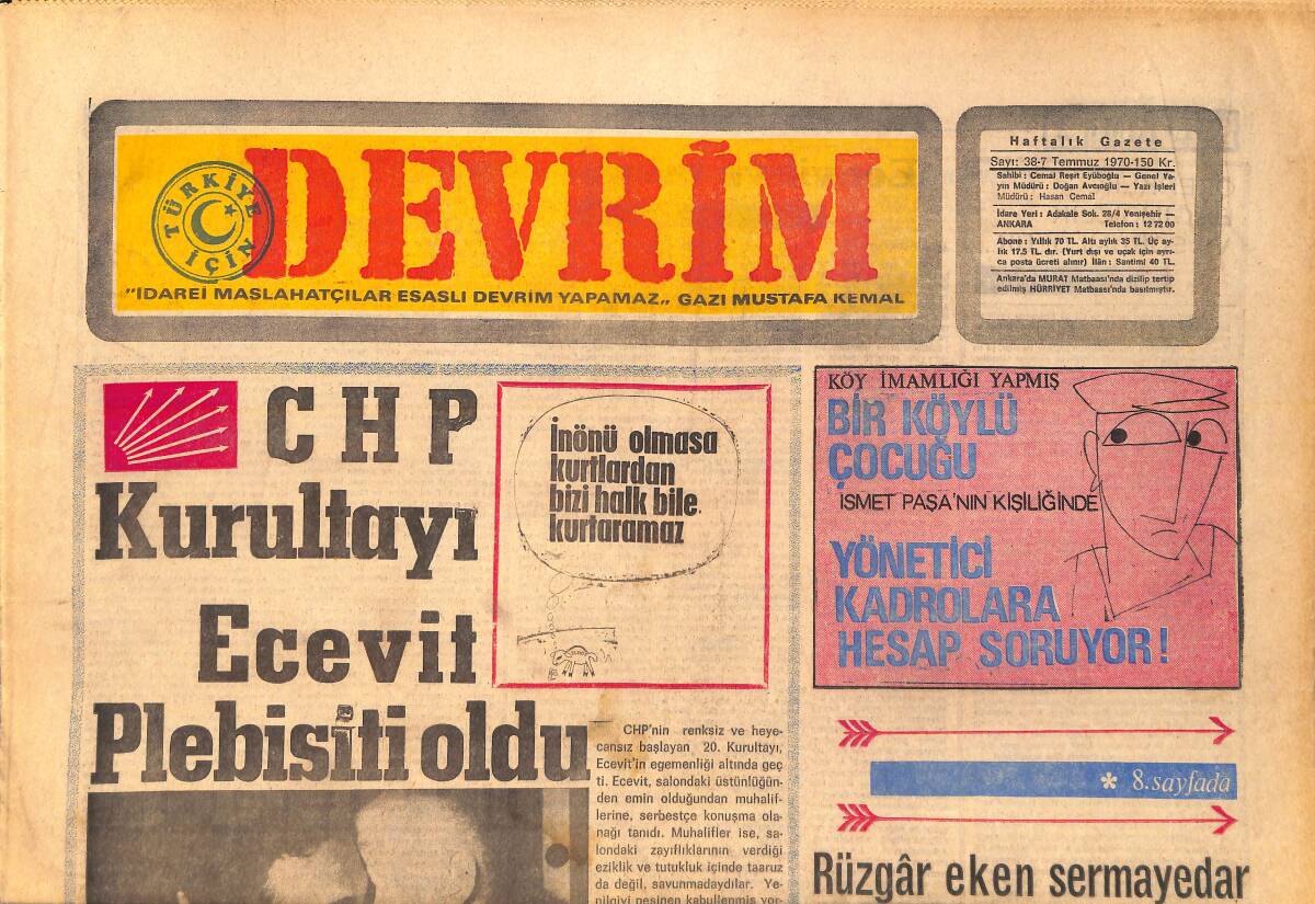 Devrim Gazetesi 7 Temmuz 1970 - CHP Kurultayı Ecevit Plebisiti Oldu - Orgeneral Tağmaç'ın Uyarısı GZ157136 - 1