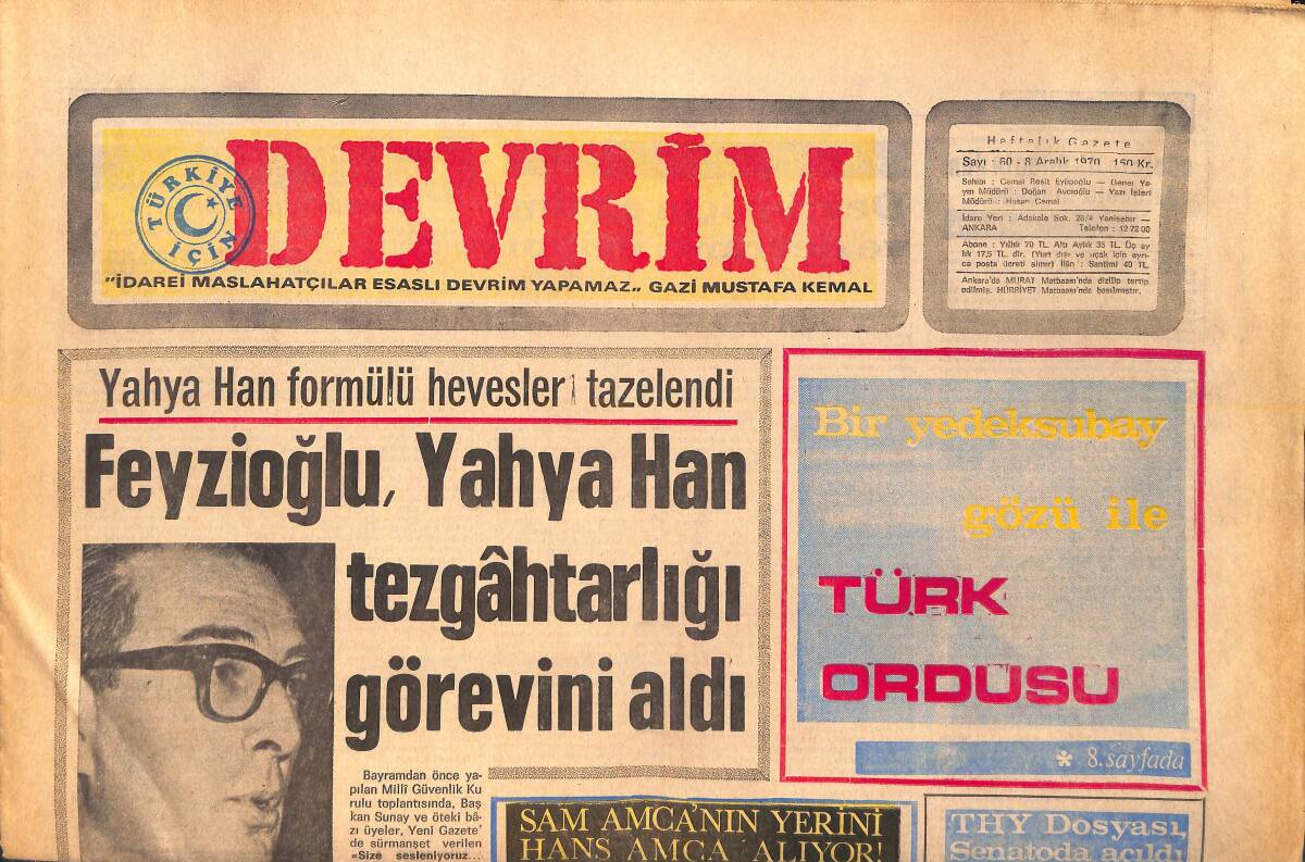 Devrim Gazetesi 8 Aralık 1970 - Feyzioğlu Yahya Han Tezgahtarlığı Görevini Aldı - Adnan Öztrak TRT'yi Çiftlik Gibi Yönetiyor GZ157130 - 1