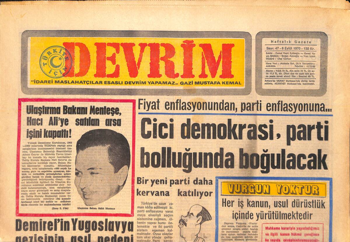 Devrim Gazetesi 8 Eylül 1970 - Ulaştırma Bakanı Menteşe, Hacı Ali'ye Satılan Arsa İşini Kapattı GZ157152 - 1