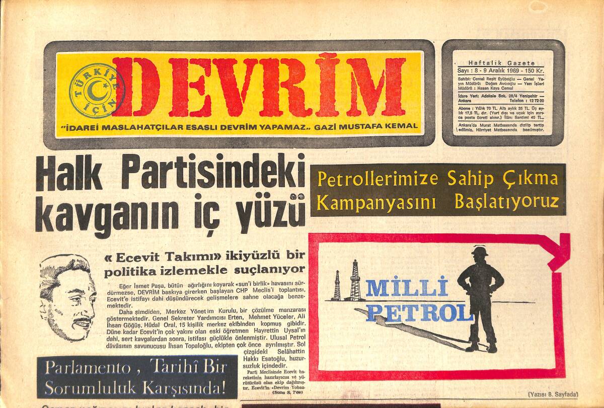 Devrim Gazetesi 9 Aralık 1969 - Halk Partisindeki Kavganın İç Yüzü - Millet Meclisindeki Petrol Tartışması GZ157117 - 1