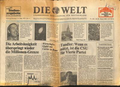 Die Welt Gazetesi 3-4 Dezember 1977 - Die Arbeitslosigkeit Uberspringt Wieder Die Millionen-Grenze GZ125130 - 1