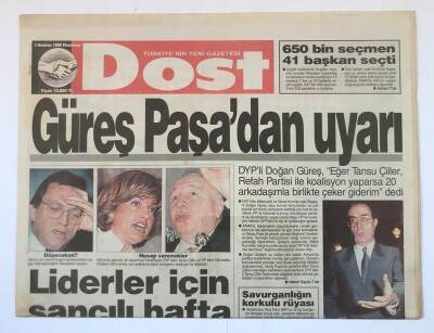 Dost Gazetesi 3 Haziran 1996 - DYPli Doğan Güreş Tansu Çiller RP İle Koalisyon Yaparsa 20 Arkadaşımla Çeker Giderim GZ8761 - 1